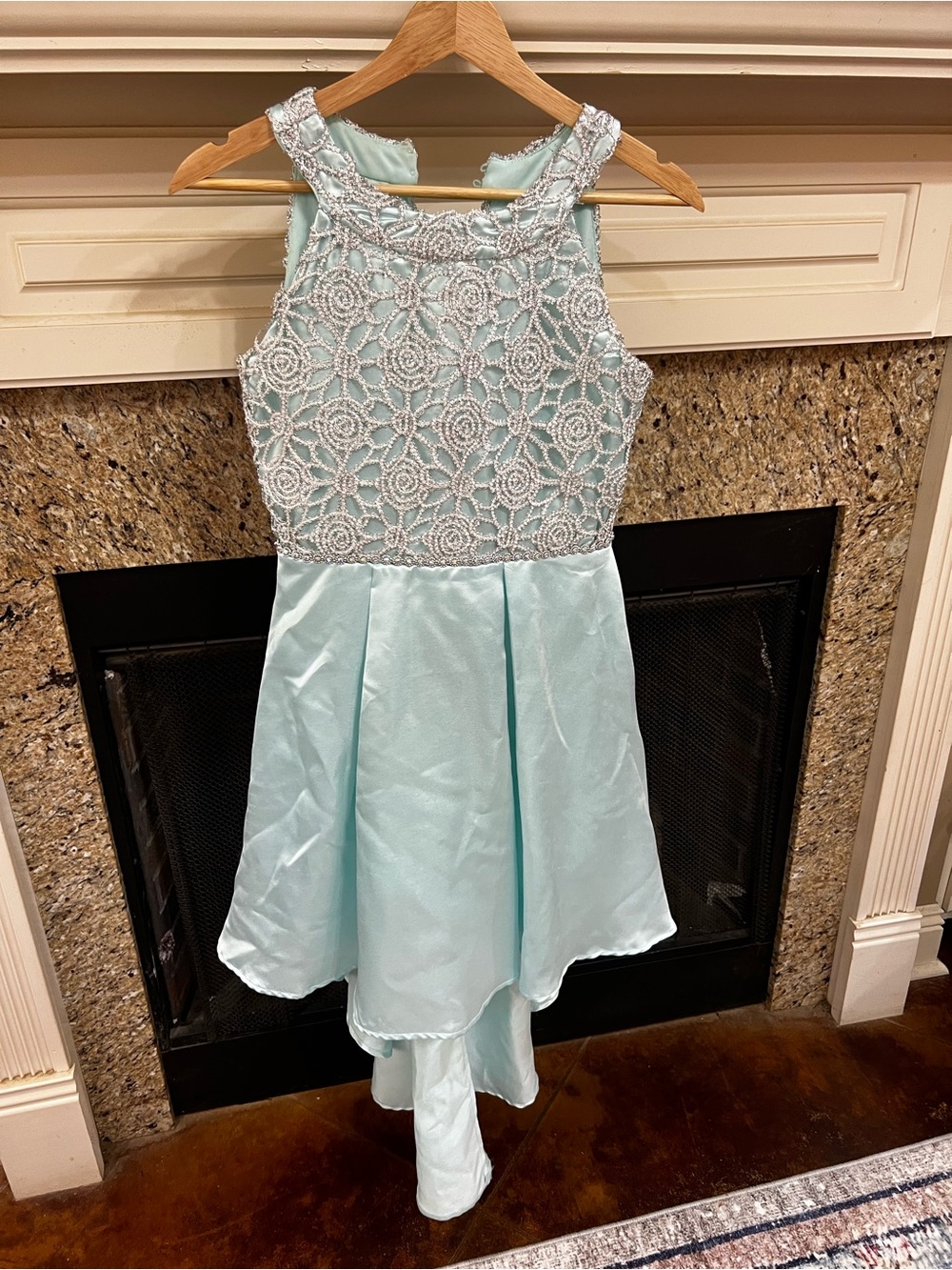 Girls' Light Blue Beaded High-Low Party Dress